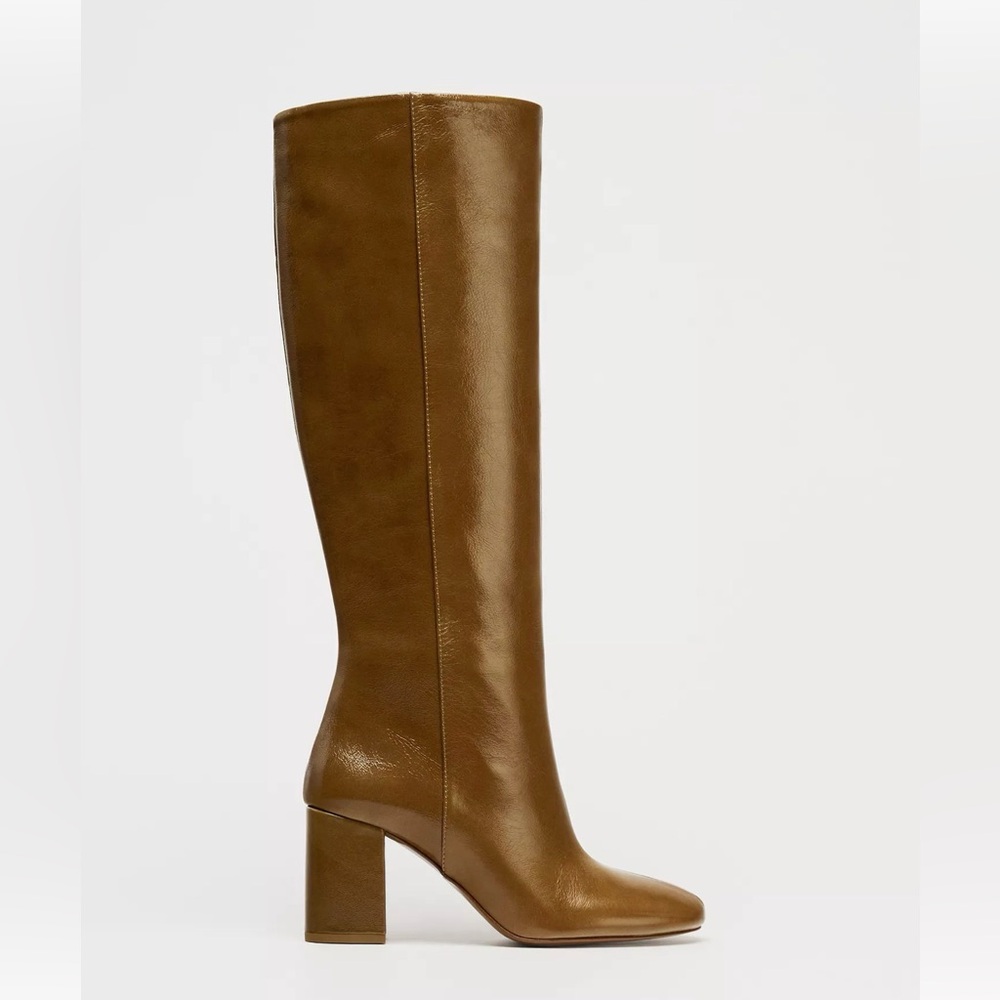Zara Tan Leather Knee High Heeled Boots- NWT
